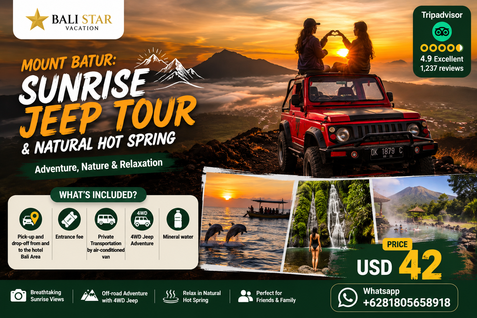 Monte Batur: tour en jeep al amanecer y aguas termales naturales