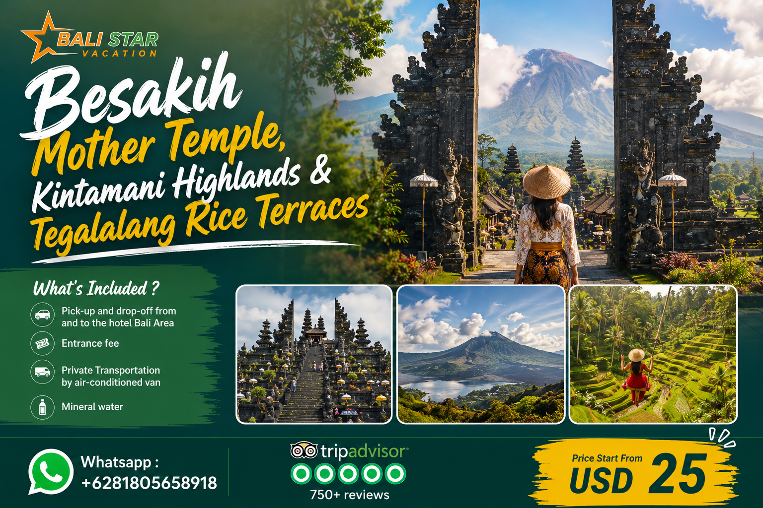 Bali: templo madre de Besakih, tierras altas de Kintamani y terrazas de arroz de Tegalalang