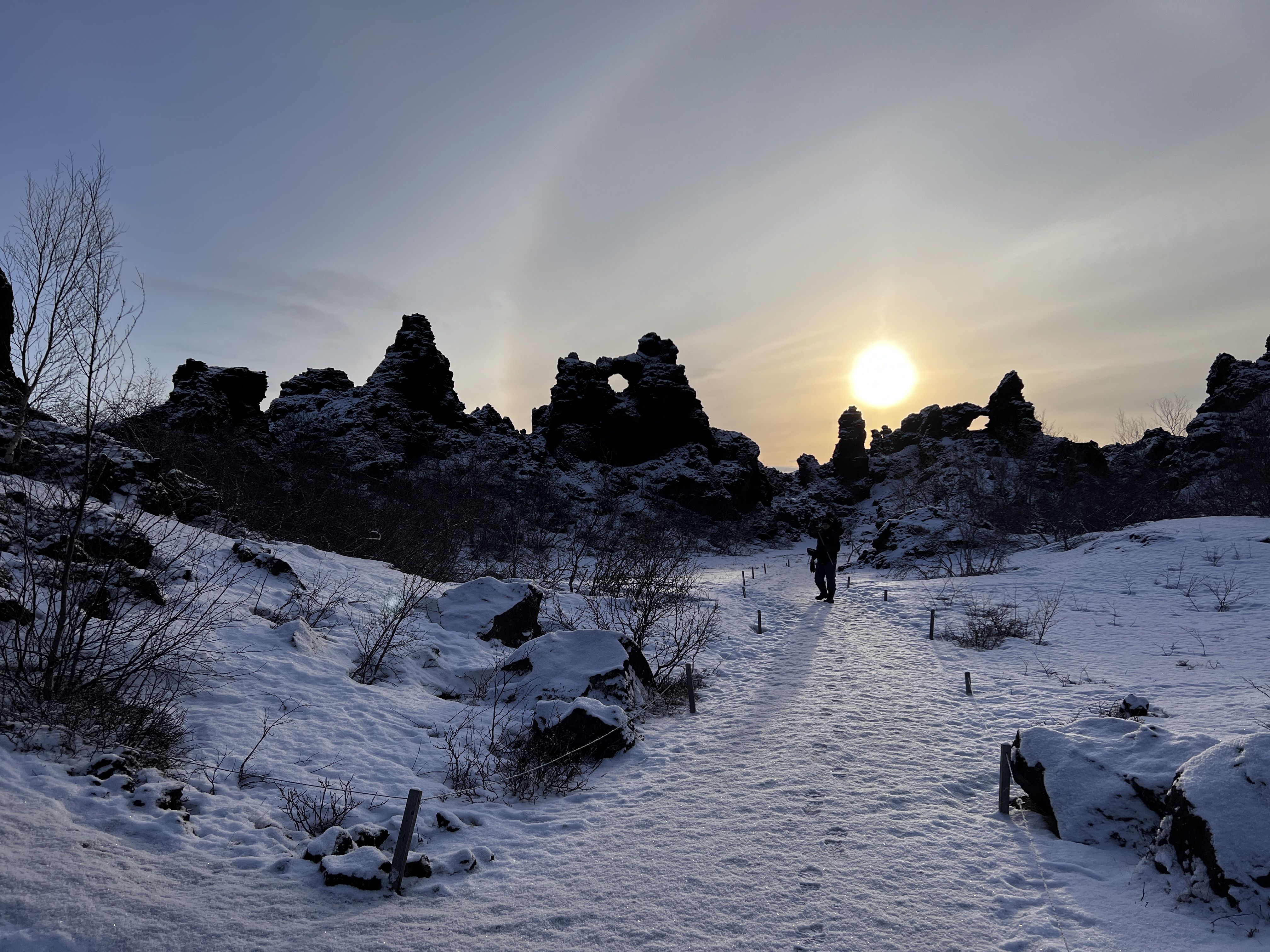 Lava formations backlit by the winter sun
