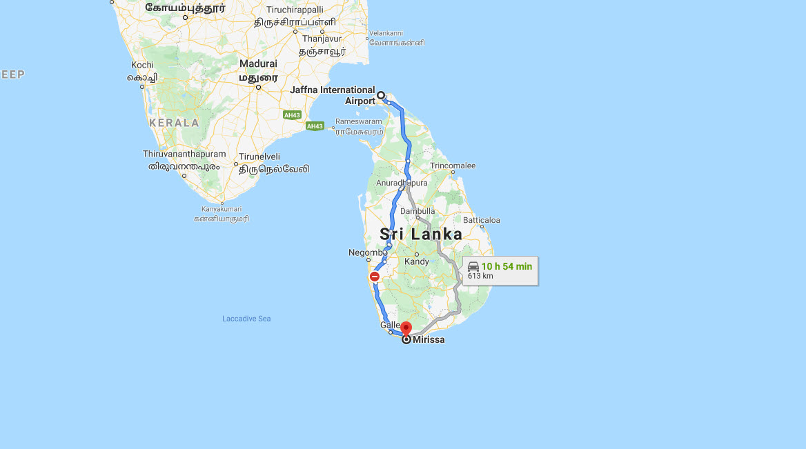 Jaffna Airport (JAF) to Mirissa City Private Transfer