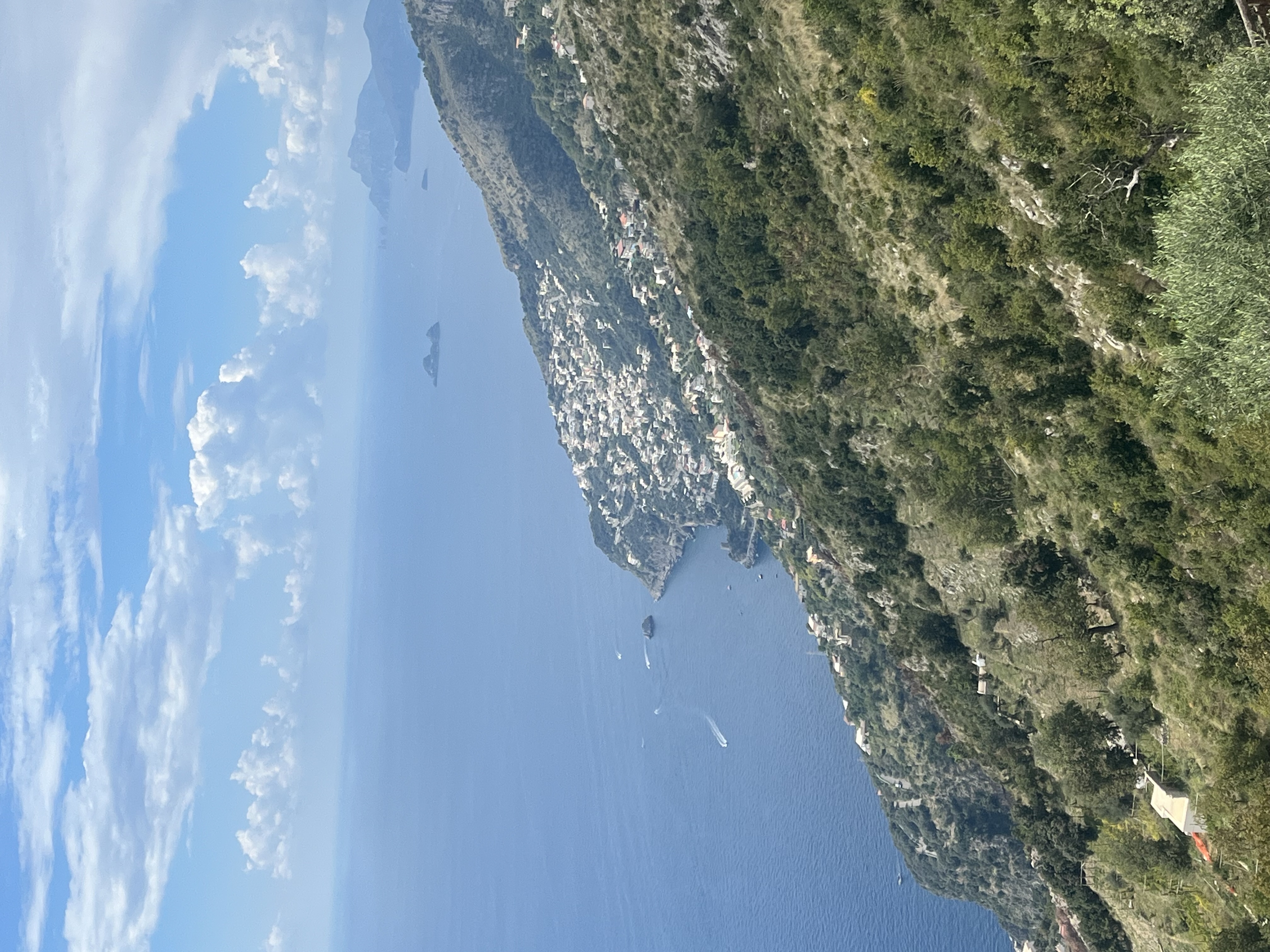 Panoramic view of coastline and ocean under a cloudy sky.