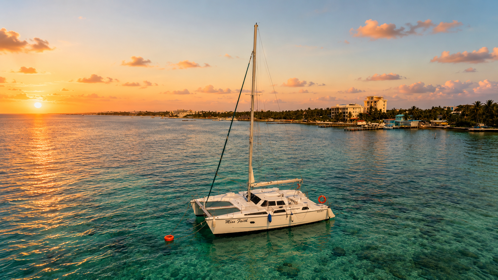 Bebidas en catamarán al atardecer en Belice, ceviche y vistas al mar