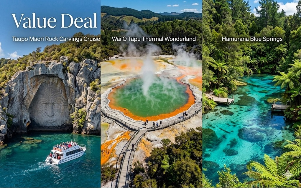 Oferta económica: desde Auckland: crucero con esculturas de rocas maoríes de Taupo, Wai O Tapu Thermal Wonderland y Hamurana Blue Springs